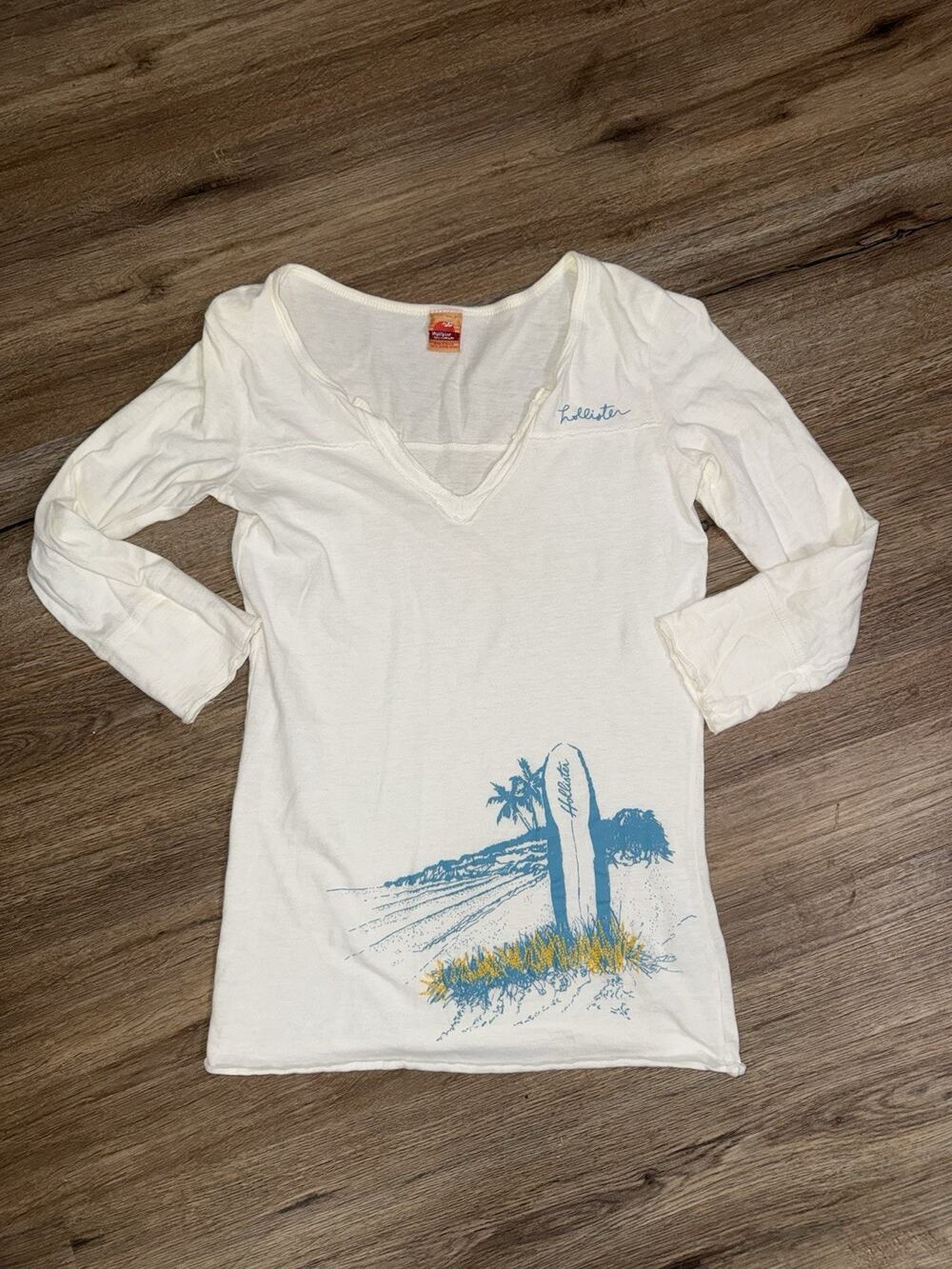 VTG Y2K Hollister Surf Co Henley Tee White 3/4 Sleeve Graphic Surfboard Top SM